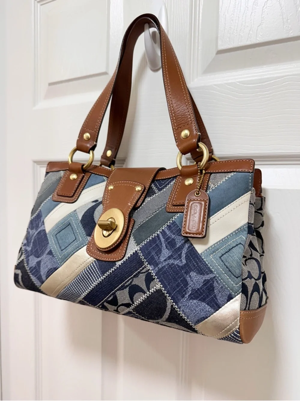 Coach Hamptons Satchel Bag Denim Patchwork Saddle Leather Turnlock